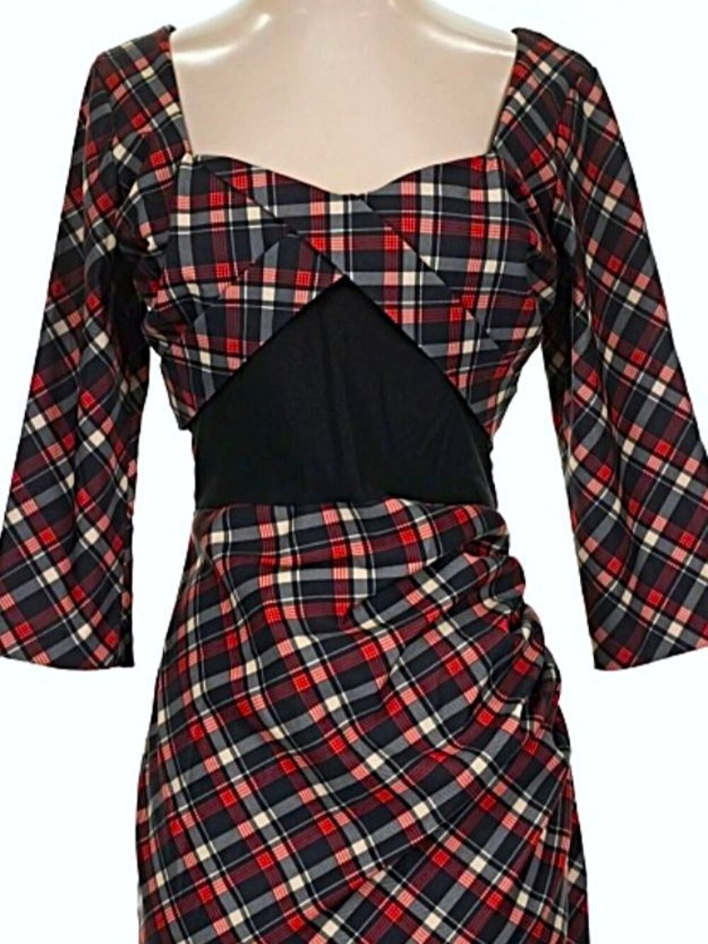 Vintage Style Diva Midi Dress Red Tartan Plaid Sweetheart Black Basque Waist L